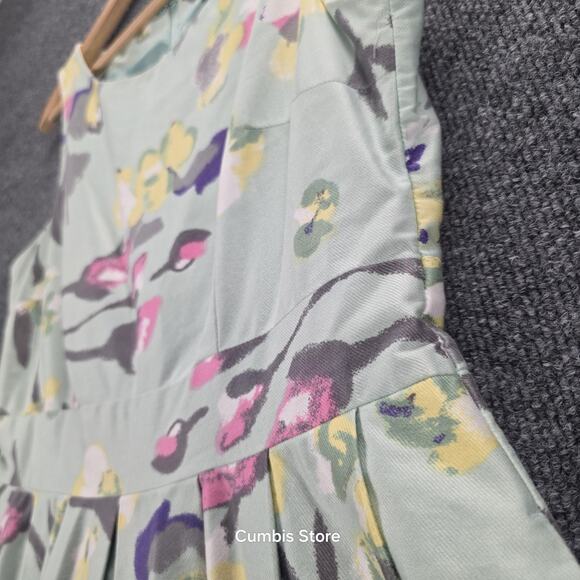 H&M Dress Womens 12 Green Floral Fit & Flare Pleated Lined Sleeveless Back Zip - Picture 5 of 11